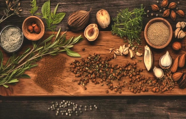 Ingredienti alimentari a base di erbe e mediterranei su una tavola di legno