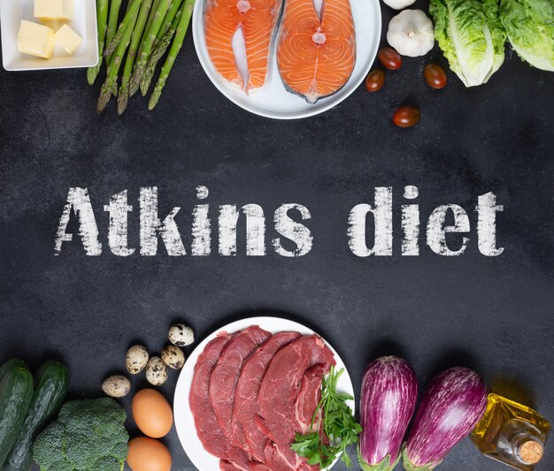 Ingredienti alimentari di dieta di Atkins sulla lavagna posteriore, concetto di salute, vista superiore con lo spazio della copia. Concetto con testo