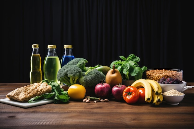Ingredienti alimentari sani su un tavolo di legno Dieta disintossicante Alimenti sani e attrezzature per l'esercizio su un tavolino di legno AI generato