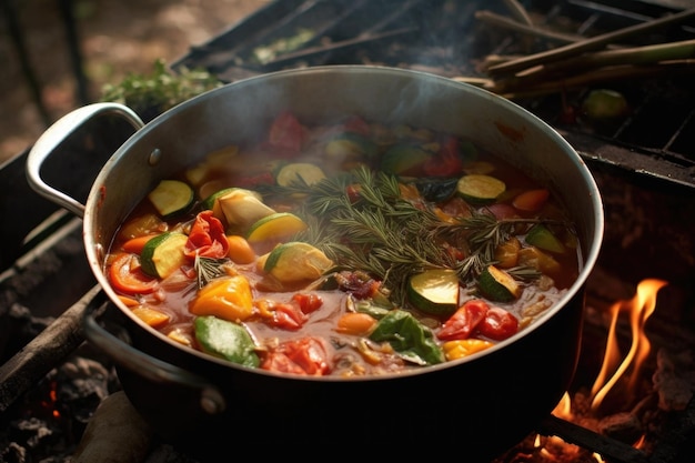 Ingredienti che vengono mescolati in una pentola di ratatouille su un fuoco di campo creato con ai generativo