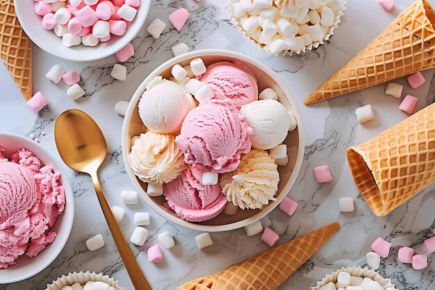 Ingredienti del gelato vista dall'alto su uno sfondo di marmo Gelato in una ciotola cono di gelato cucchiaio marshmallows carte di cupcake Vista superiore generativa ai