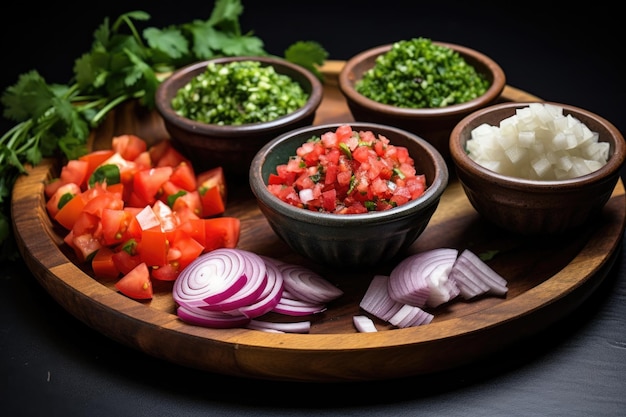 Ingredienti del pico de gallo in ciotole separate pronte per la miscelazione