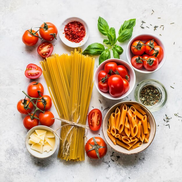 Ingredienti della pasta sfondo Pasta salsa di pomodoro pomodori freschi parmigiano erbe e spezie