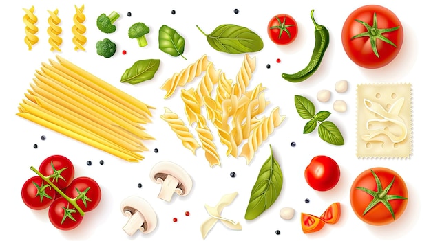 ingredienti della pasta su uno sfondo bianco incontaminato fotografato dall'alto che offre una vista panoramica degli elementi essenziali della cucina
