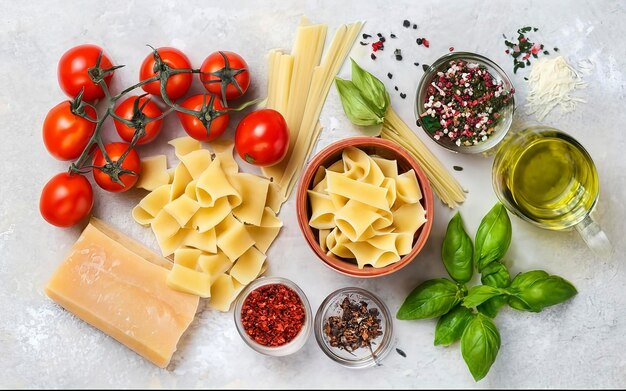 Ingredienti della pasta sul tavolo bianco della cucina Pasta cruda parmesano olio d'oliva spezie pomodori e basilico