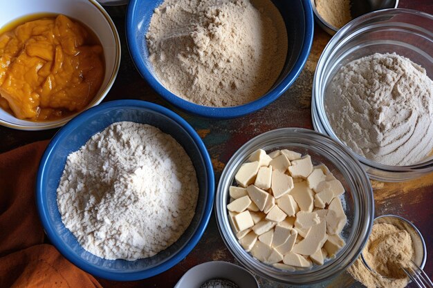 Ingredienti di biscotti in ciotole pronte per la miscelazione creati con ai generativi