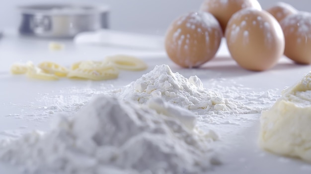 Ingredienti di cottura per pasticceria sulla tavola bianca IA generativa