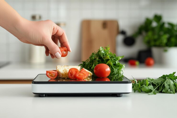 Ingredienti freschi preparati su una scala da cucina in una cucina moderna e luminosa