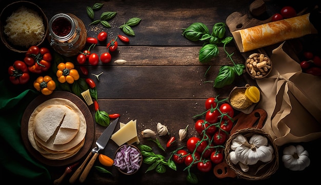 Ingredienti italiani sfondo alimentare per poster di presentazione mockup Legno e sfondo nero