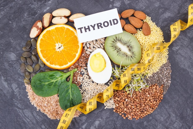 Ingredienti nutrienti a forma di tiroide Stili di vita sani e alimenti contenenti vitamine Problemi con il concetto di tiroide