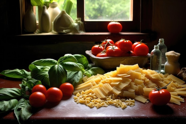 Ingredienti pasta fresca basilico pomodori aglio creato con ai generativo