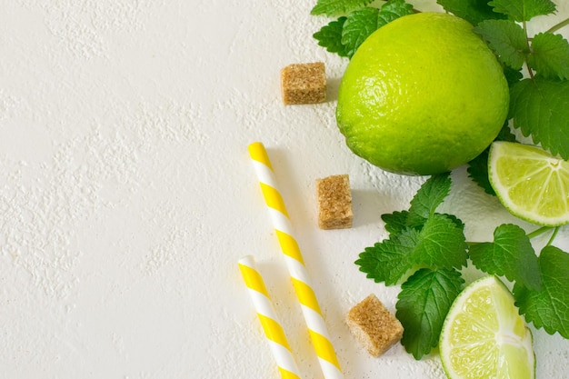 Ingredienti per cucinare il mojito su uno sfondo bianco con spazio per la copia