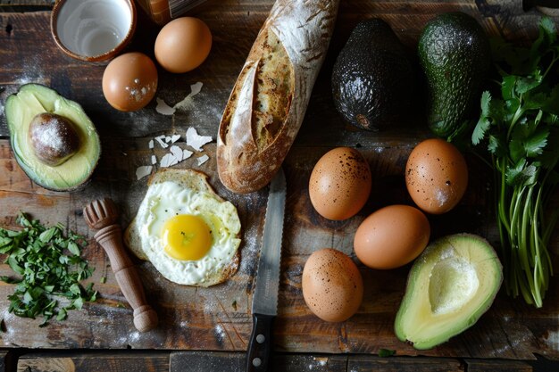 Ingredienti per la colazione Uova pane avocado IA generativa