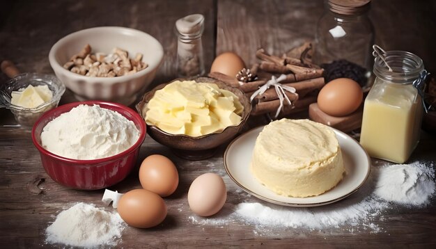 Ingredienti per la cottura di Natale su uno sfondo di legno con posto per il testo Ricetta per la torta di Natale Prodotti per la preparazione alimentare uova burro farina zucchero