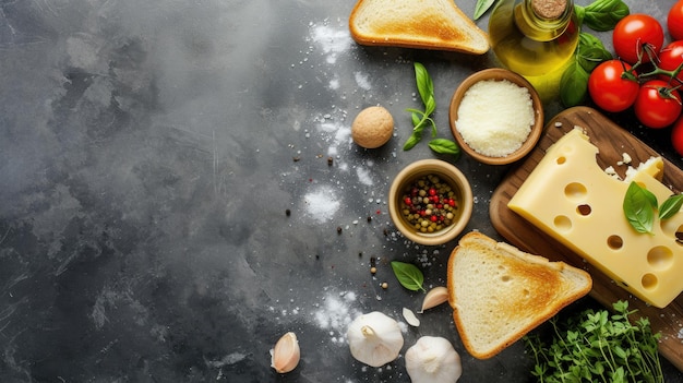 Ingredienti per la cottura e fette di pane su una superficie di pietra