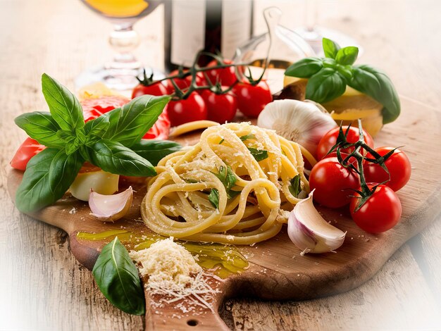 Ingredienti per la pasta italiana su uno sfondo di legno