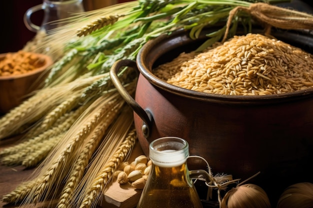 Ingredienti per la preparazione della birra come il luppolo d'orzo e il lievito creati con l'intelligenza artificiale generativa