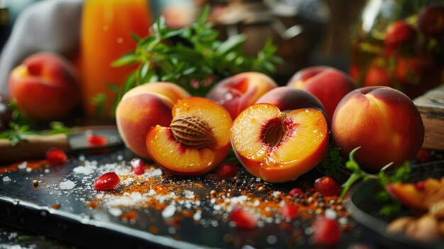 Ingredienti per un dessert di pesche visualizzati con un fuzz di pesche e succosità evidenziata colore di fuzz di pesca