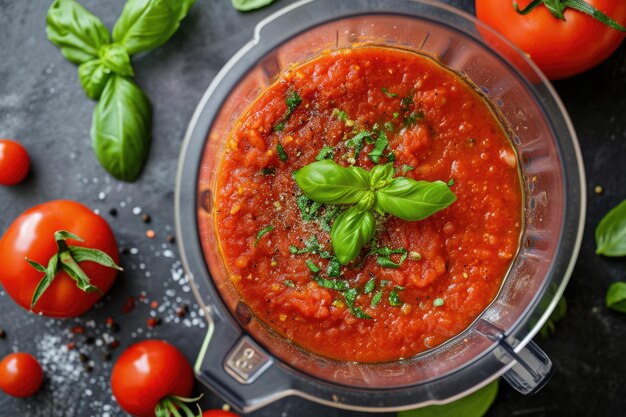 Ingredienti per una salsa di pomodoro in un processore alimentare girato dall'alto