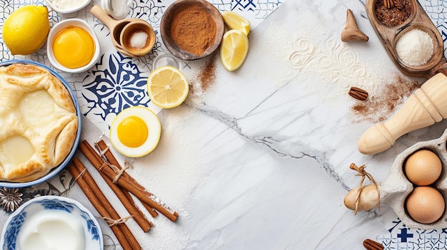 Ingredienti portoghesi di Pastel de Nata su piastrelle Azulejo