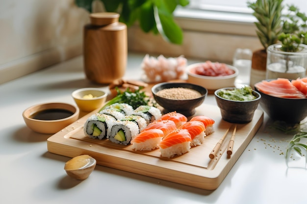 Ingredienti preparati per cucinare rotoli di cibo asiatico o sushi da vicino sulla cucina leggera Fuoco selettivo Concetto di cibo asiatico Generato ai