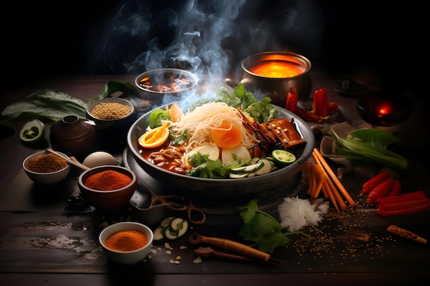 Ingredienti preparati per la cottura di cibi asiatici da vicino su sfondo nero Focalizzazione selettiva Concetto di cibo asiatico Generato ai