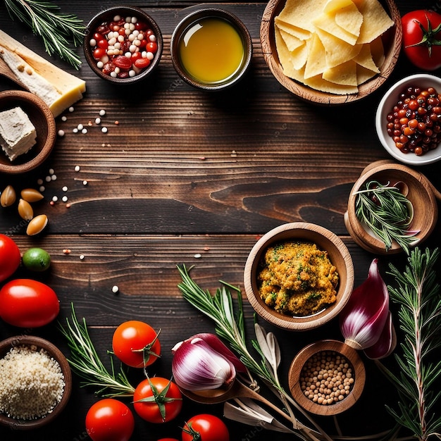 Ingredienti tradizionali della cucina mediterranea su sfondo di legno scuro Vista dall'alto