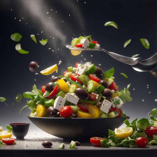 Ingredienti volanti di insalata greca con un fulmine drammatico creativo