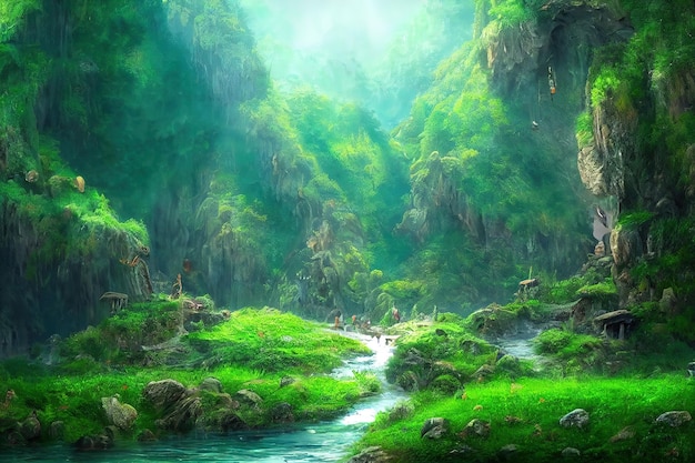 Ingresso a una grotta in montagna con una vista panoramica delle rocce del fiume di erba verde e del cielo blu in una luminosa giornata estiva 3d illustrazione