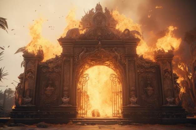 Ingresso demoniaco di Hell's Gates attraverso un portale infuocato IA generativa