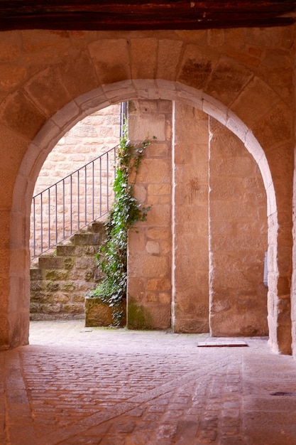 Ingresso in pietra al cortile interno dai colori caldi a Sos del Rey Catolico Aragona Spagna