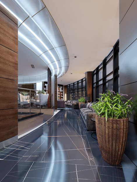 Ingresso lobby di lusso con area lounge in hotel. Rendering 3D