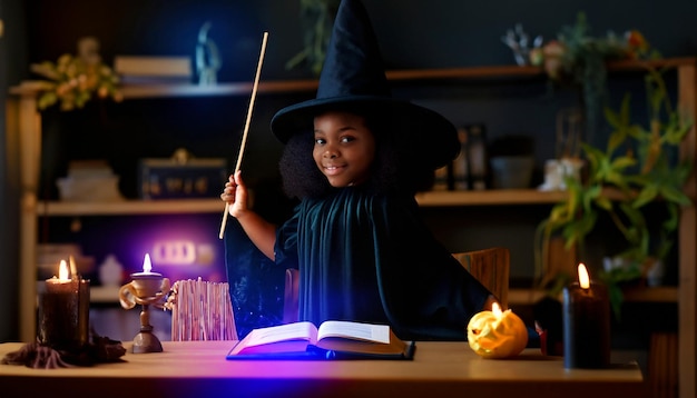 Inizi incantati Piccolo mago in allenamento con bacchetta magica e libro degli incantesimi Intraprende il viaggio