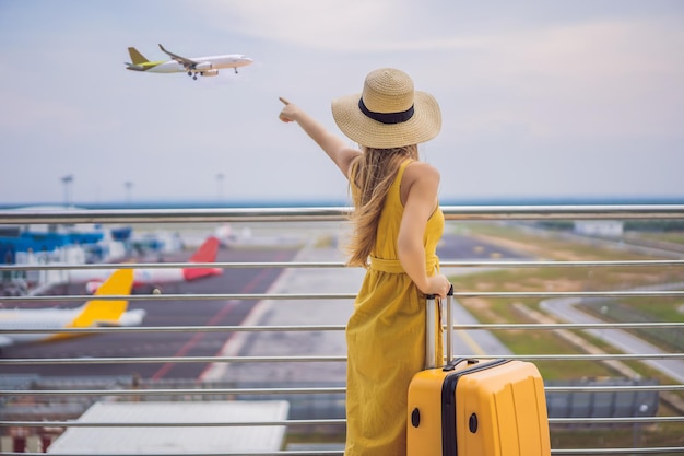 Inizio del suo viaggio Bella giovane donna ltraveler in un vestito giallo e una valigia gialla sta aspettando il suo volo