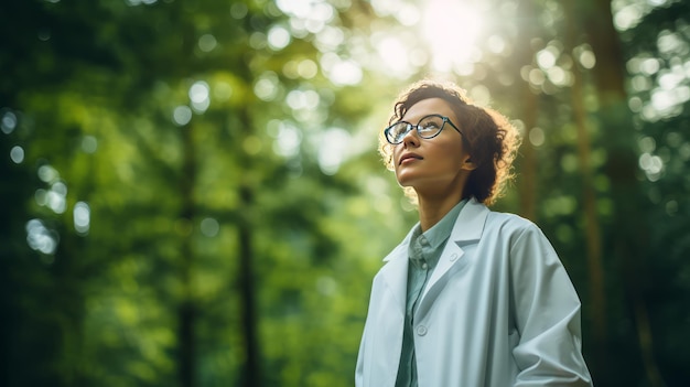 Innovativa giovane scienziata in camice bianco e occhiali di sicurezza su una foresta