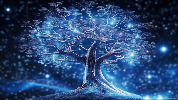 Innovativo concetto di biotecnologia albero scintillante su sfondo digitale