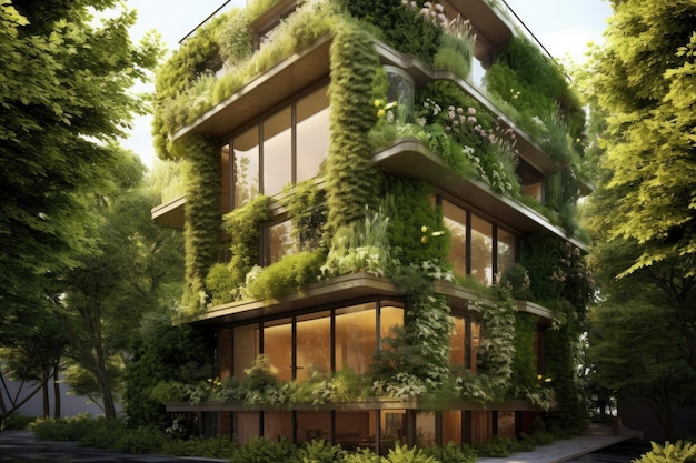 Innovativo edificio ecosostenibile con giardino verticale realizzato con intelligenza artificiale generativa