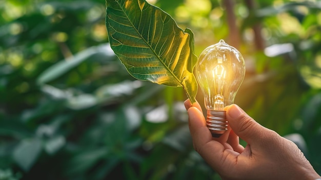 Innovazione Hand holding light bulb contro la natura su foglia verde con fonti di energia Generative Ai