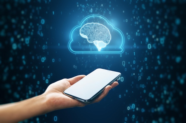 Innovazione tecnologie cloud ai intelligenza artificiale e concetto di scienza con la donna che utilizza il cellulare su sfondo blu simbolo del cervello umano digitale