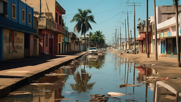 Inondazioni in un paese africano con strade spazzate via, case distrutte e mucchi di spazzatura sulle palme e sullo sfondo del cielo