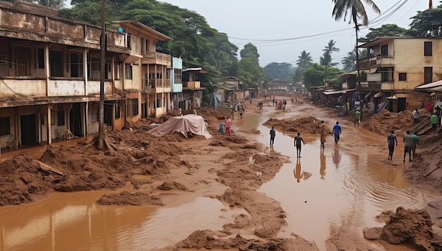 Inondazioni in un paese africano con strade spazzate via, case distrutte e spazzatura