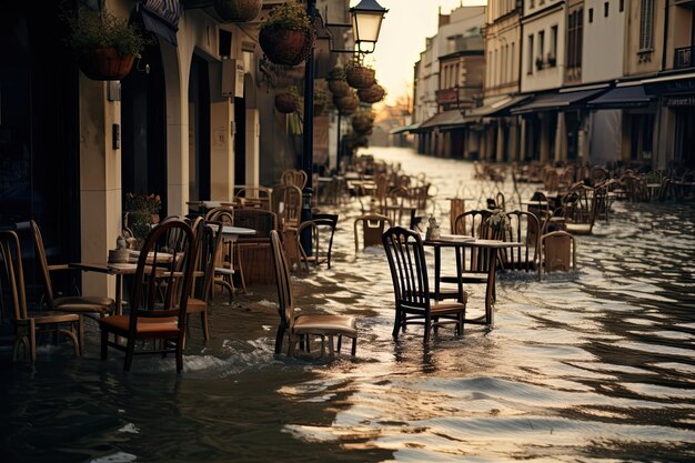 Inondazioni in un paese europeo con strade spazzate via mobili distrutti e spazzatura nell'acqua