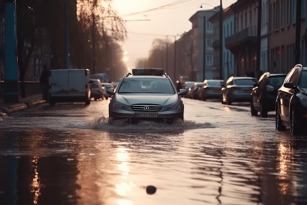 Inondazioni urbane dopo una forte tempesta AI generata