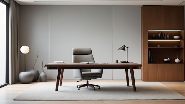 Inquadrare la sofisticata semplicità di un ufficio esecutivo vuoto toni grigi e caldi mobili in legno