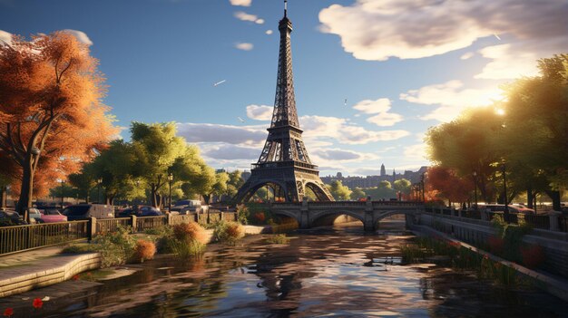 Inquadratura dal basso della Torre Eiffel Bello sfondo soleggiato