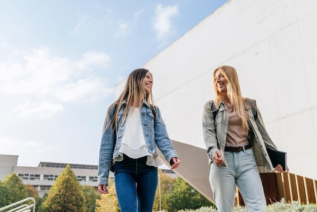 Inquadratura dal basso di due amici del college che passeggiano per il campus e chiacchierano in una giornata di sole.