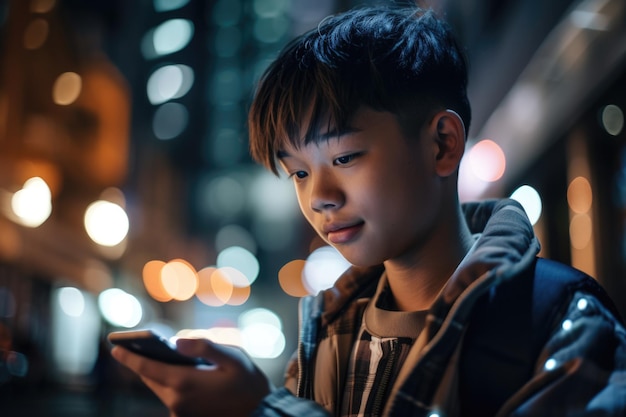 Inquadratura dal basso di un giovane cinese giapponese di 10 anni ragazzino vestiti alla moda utilizzando il telefono cellulare con sfondo di strada urbana di notte Generative AI AIG18