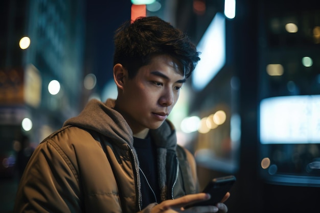 Inquadratura dal basso di un giovane uomo cinese giapponese alla moda vestiti utilizzando il telefono cellulare con sfondo di strada urbana di notte Generative AI AIG18
