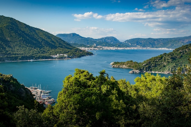 Inquadratura dall'alto della magnifica natura verde che circonda un lago calmo blu