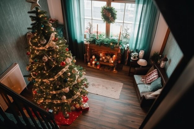 Inquadratura dall'alto di un albero di Natale e decorazioni a casa create con intelligenza artificiale generativa